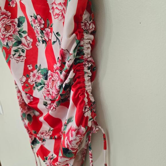 We Are HaH One Piece Swimsuit Red Floral Blood Orange Stripe Ruched Women Size M - Picture 4 of 8